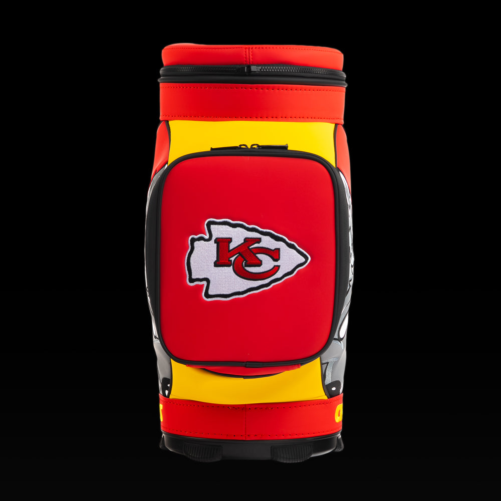 Rear view of the SWAG Golf Kansas City Chiefs Den Caddy Cooler with red and gold color blocking.