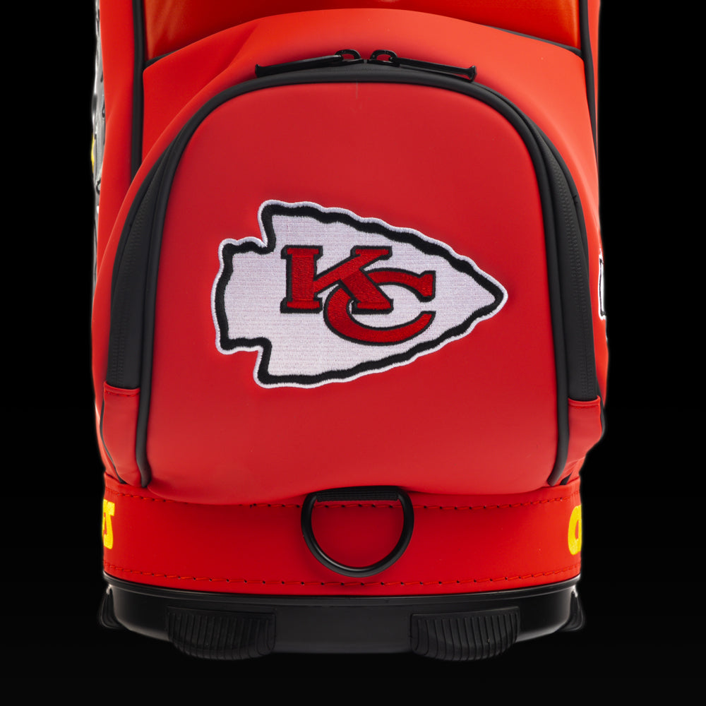 Close-up of the SWAG Golf Kansas City Chiefs Den Caddy Cooler with an embroidered Chiefs logo on the front pocket.