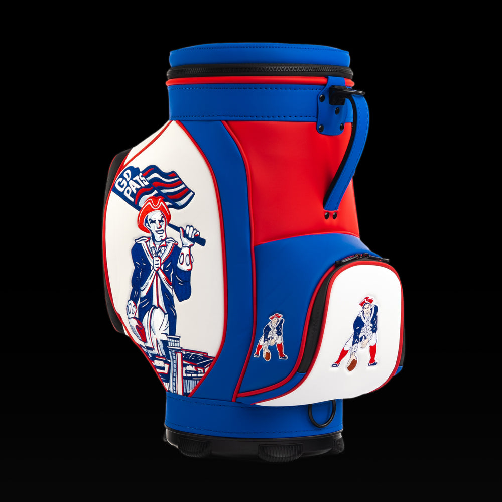 SWAG Golf New England Patriots Den Caddy Cooler featuring Patriot artwork, red, white, and blue graphics, and an embroidered Patriots logo pocket.