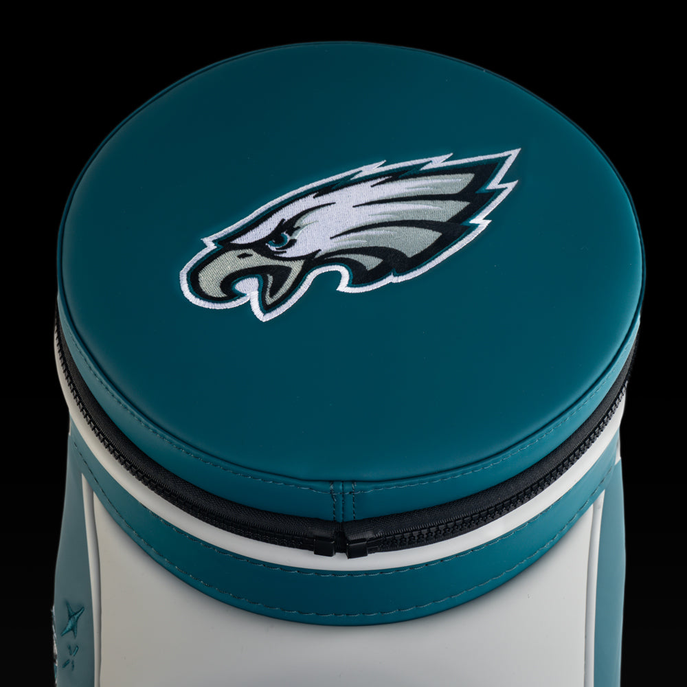 Top view of the removable Philadelphia Eagles lid with an embroidered Eagles logo.
