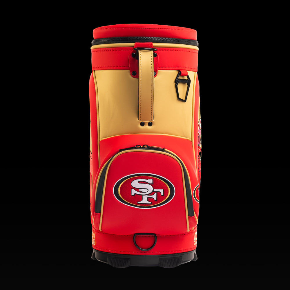 Front view of the SWAG Golf San Francisco 49ers Den Caddy Cooler with an embroidered 49ers logo on the front pocket.