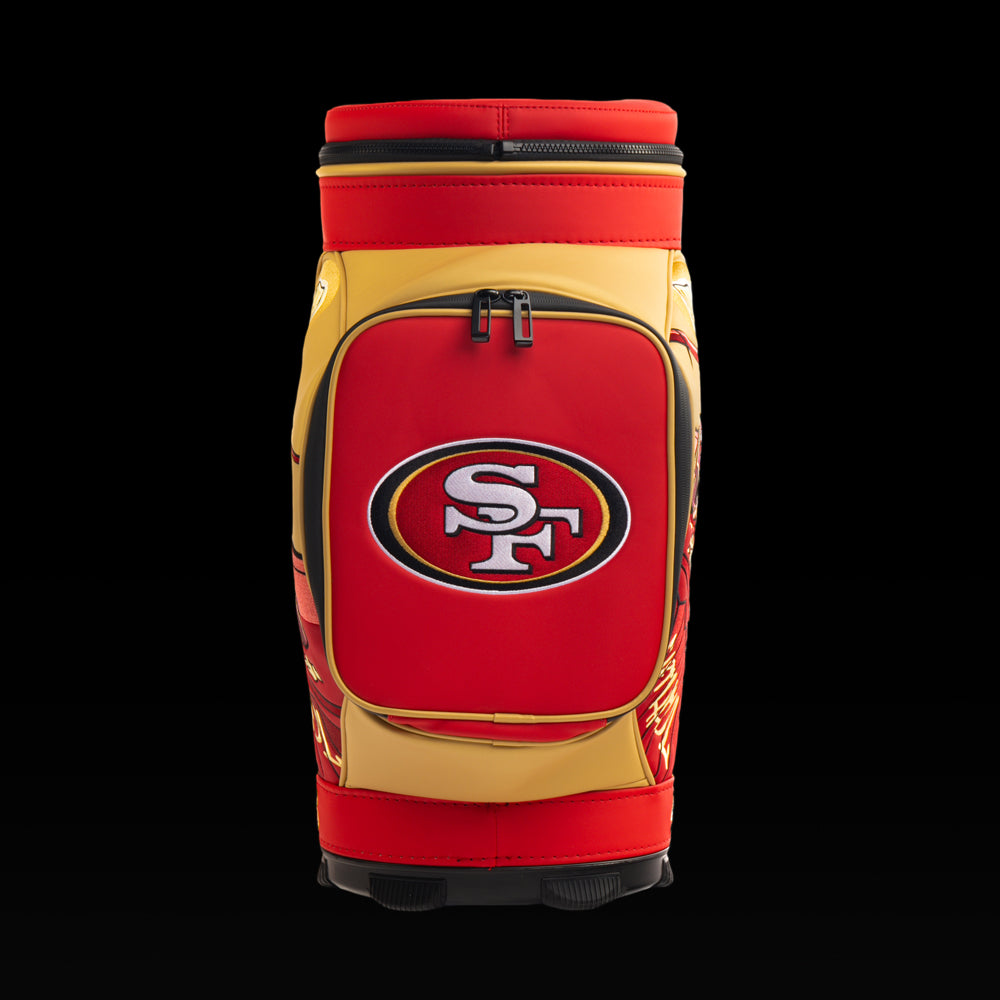 Rear view of the SWAG Golf San Francisco 49ers Den Caddy Cooler with red and gold color blocking.
