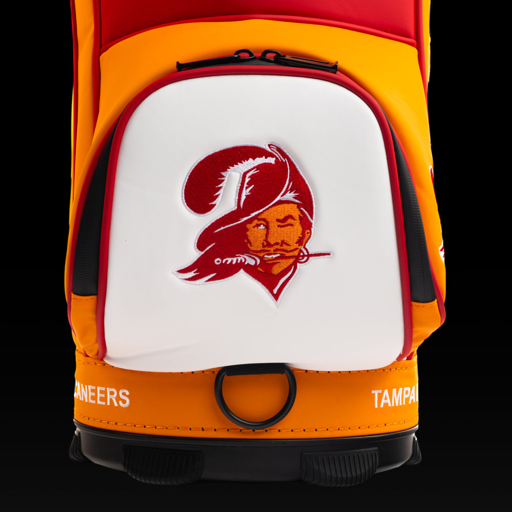 Close-up view of the SWAG Golf Tampa Bay Buccaneers Den Caddy Cooler with an embroidered Buccaneers logo on the front pocket.