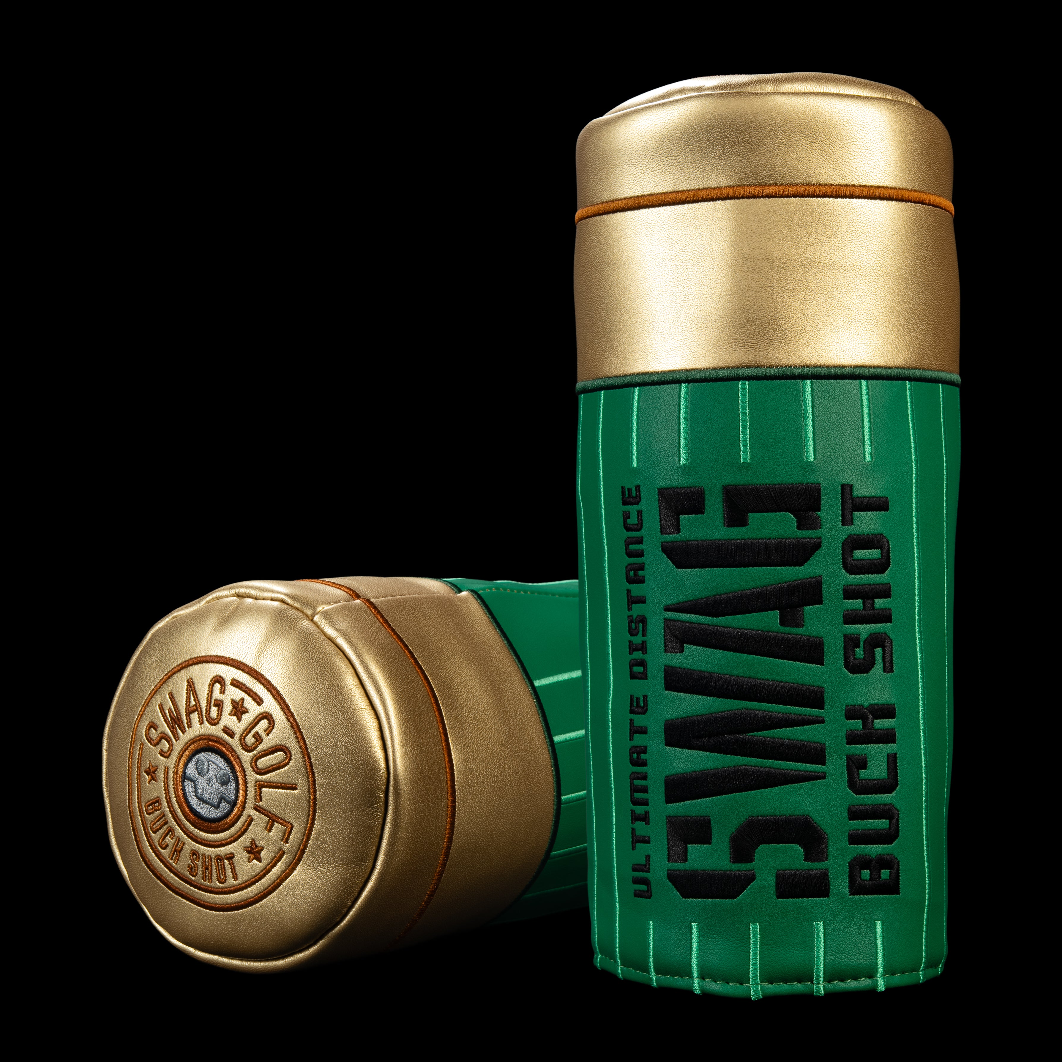 SWAG Buck Shot Barrel Driver Headcover in green and gold with shell-inspired design and SWAG logo.