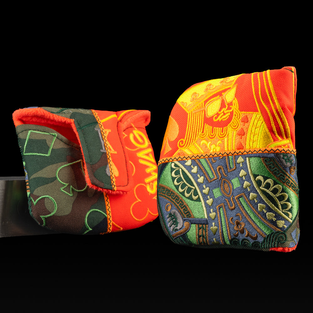Invisible King Mallet Putter Headcover featuring a half neon orange and camo playing card design with SWAG logo.