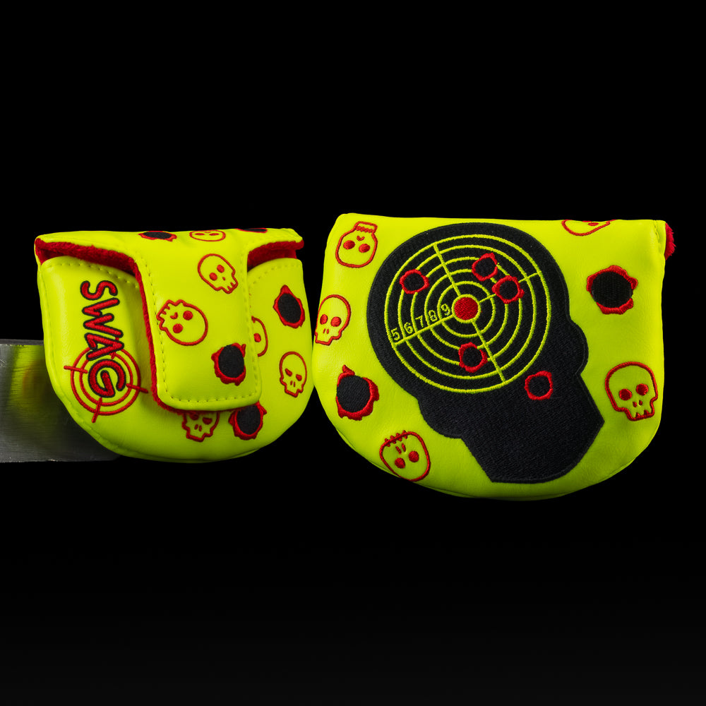 Target Practice Boss Mallet Headcover featuring neon yellow skull and target design with SWAG logo.