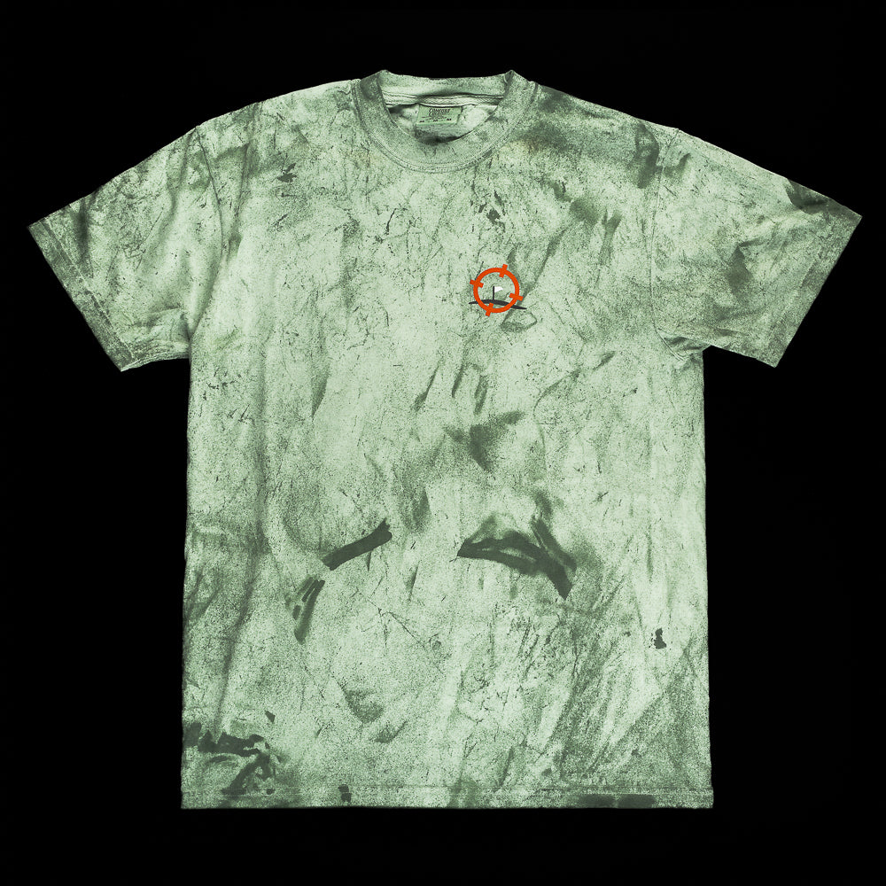 SWAG Golf green and white camouflage Flag Hunter garment dyed men's short sleeve golf T-Shirt with orange target and white flag pin on the left chest.