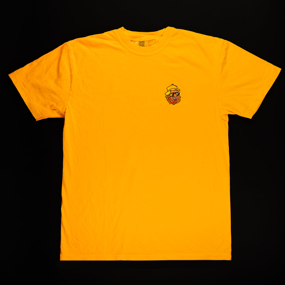 Orange T-Shirt with face of a Sasquatch man wearing a hat and sunglasses.