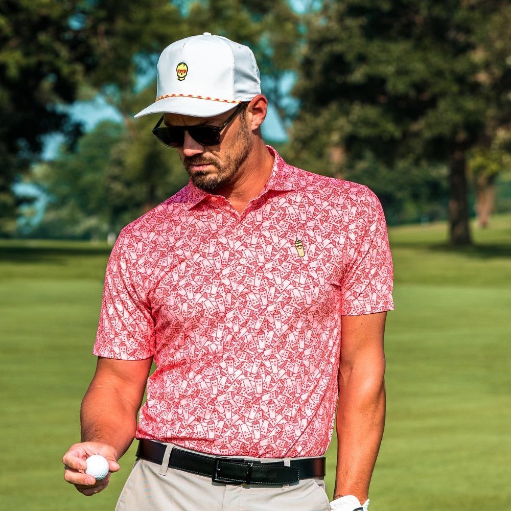 Johnnie-O x SWAG No Ketchup red ketchup bottle print men's short sleeve golf performance polo shirt.