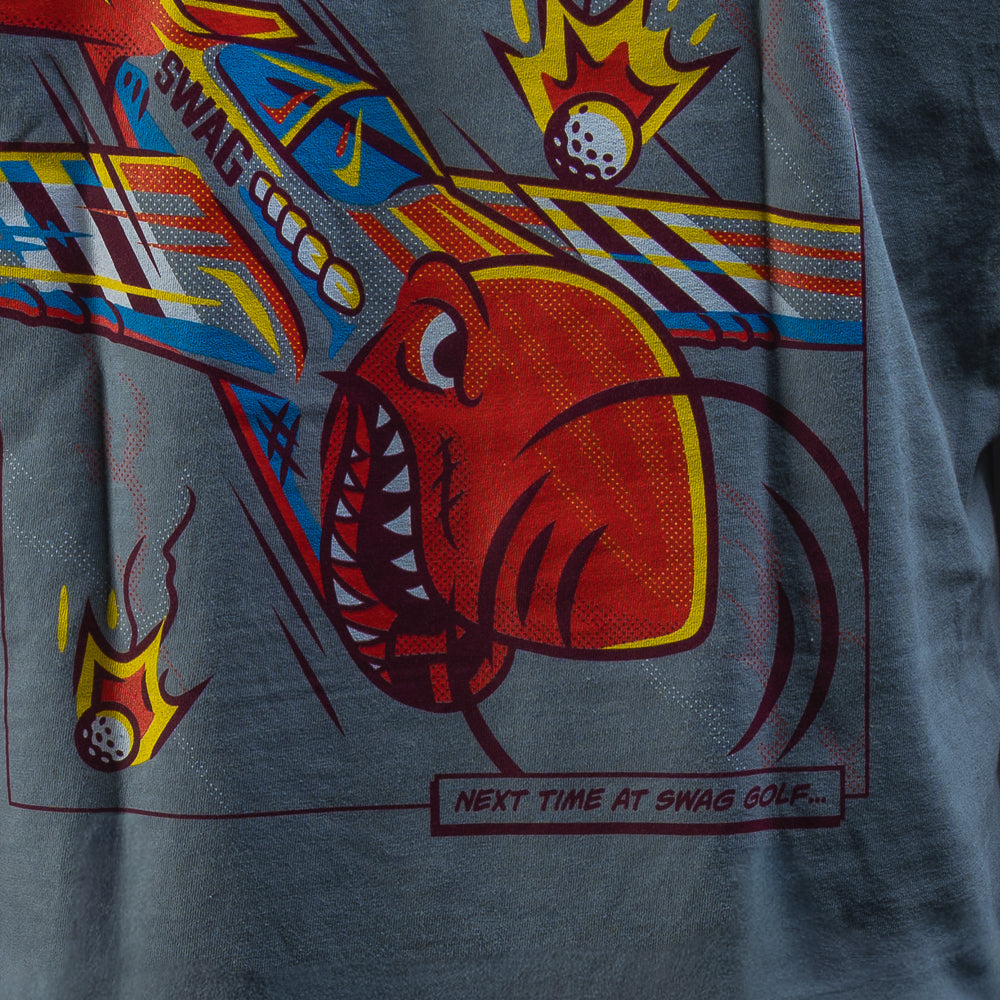 SWAG Golf Bombs Away! grey comfort colors short sleeve heavyweight graphic print t-shirt with vintage bomber plane comic book scene.