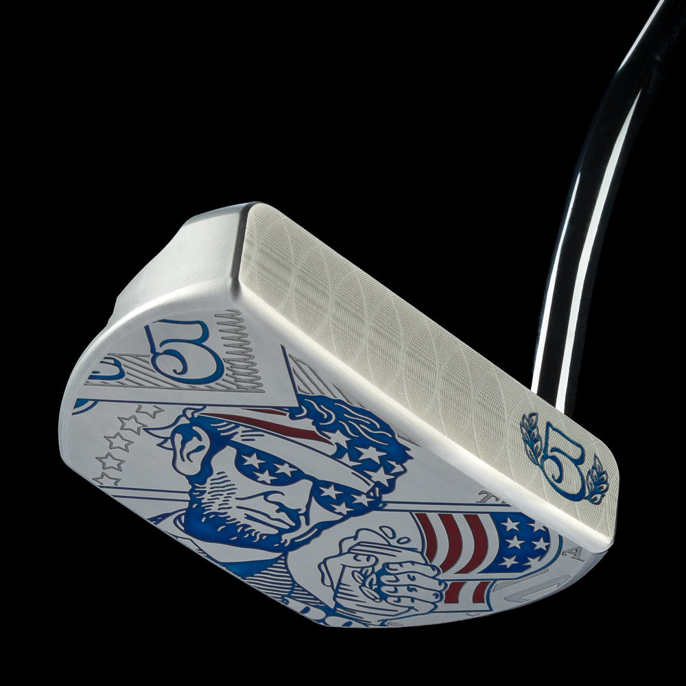 SWAG Golf Patriotic Abe The Boss 2.0 limited edition mid-mallet golf putter made in the USA and featuring a patriotic party scene of Abraham Lincoln.