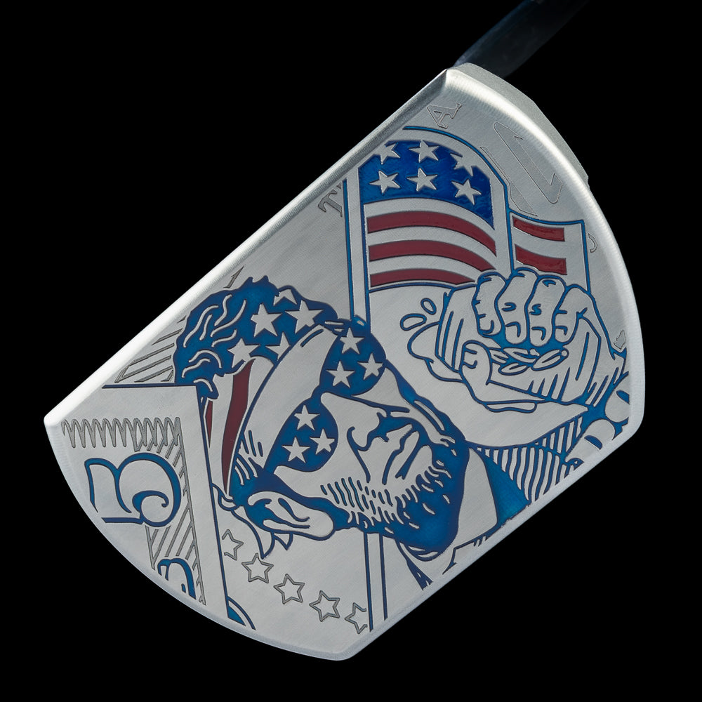 SWAG Golf Patriotic Abe The Boss 2.0 limited edition mid-mallet golf putter made in the USA and featuring a patriotic party scene of Abraham Lincoln.