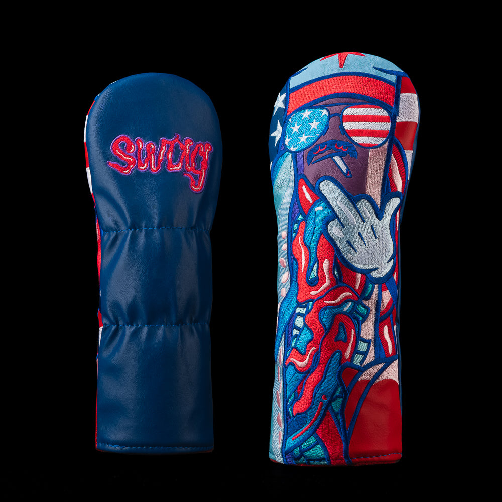 SWAG Golf american glizzy hot dog themed red, white, and blue fairway wood golf headcover.