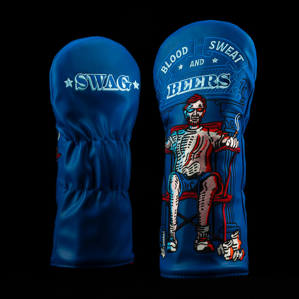 SWAG Golf Blood, sweat, and beers Abe Lincoln drinking themed blue driver golf headcover.