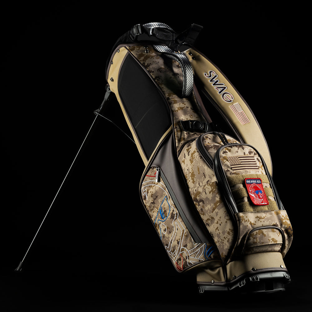 SWAG Golf desert camo stacked skulls golf stand bag with removable front pocket patch.
