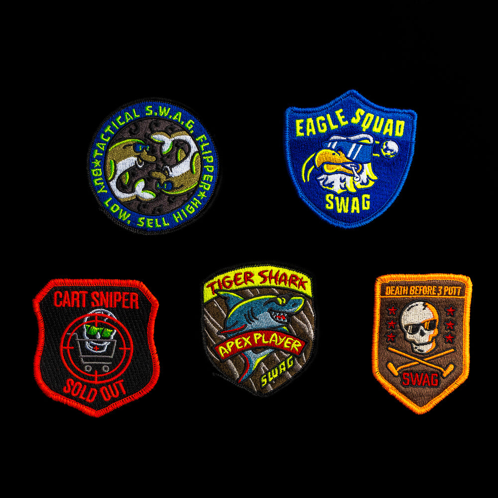 5-pack neon Velcro embroidered motif patches designed to pair with the Stacked Skulls Camo golf stand bag.