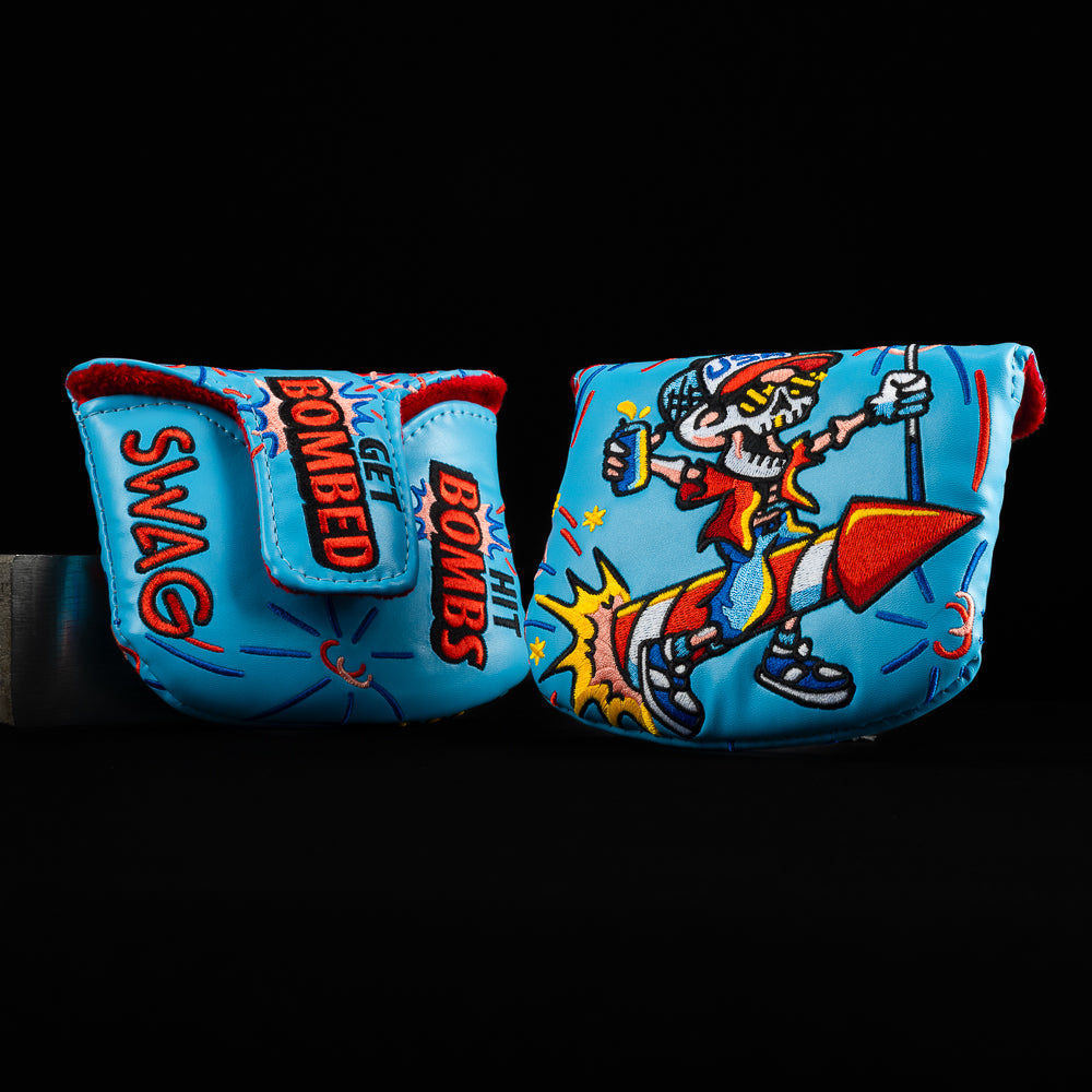 Patriotic Skelly mallet headcover showing Skelly riding a rocket with fireworks design.