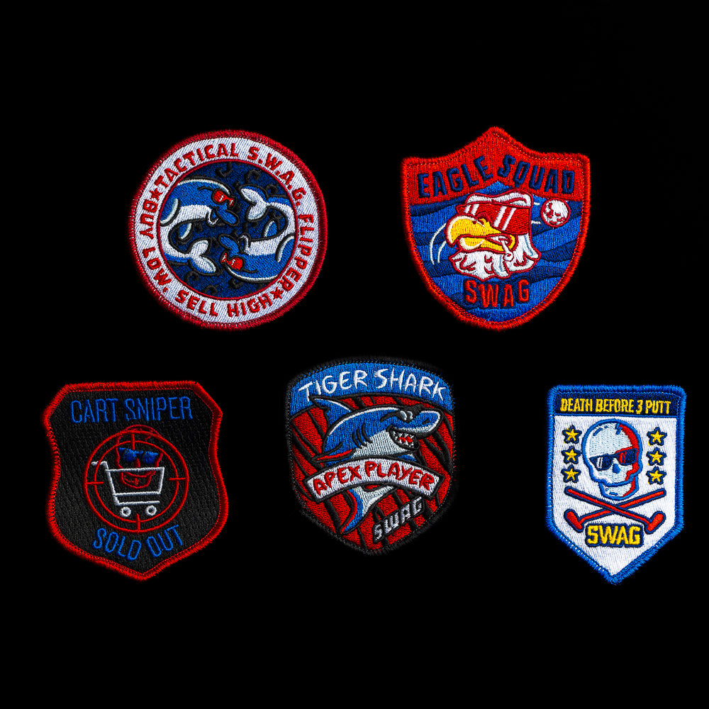 5-pack Velcro embroidered motif patches designed to pair with the Stacked Skulls Camo golf stand bag.