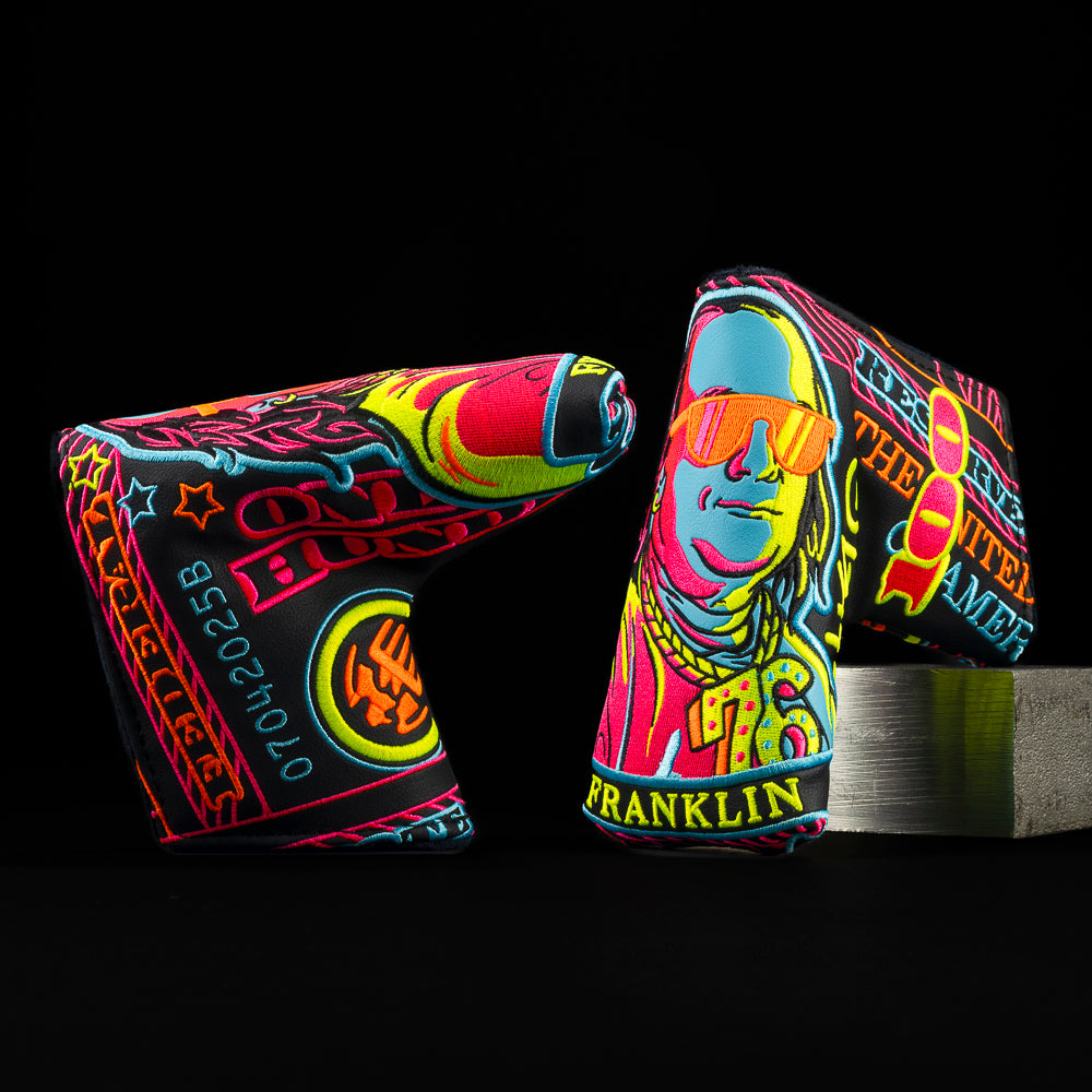 SWAG Golf Vibin in the USA Franklin black and neon multicolored blade putter golf headcover.