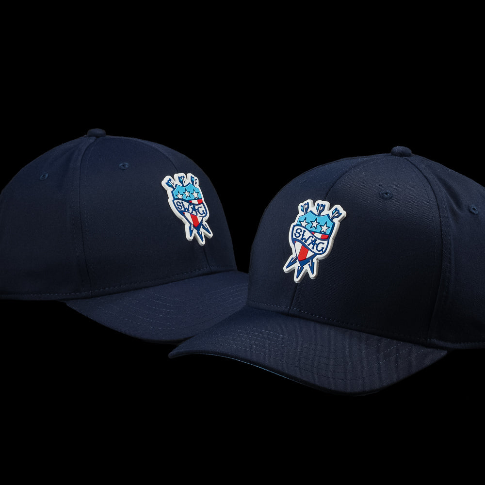 SWAG Golf navy snapback golf hat with rubber patriotic themed patch on the front.