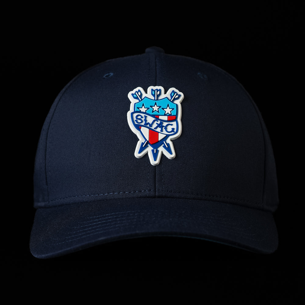 SWAG Golf navy snapback golf hat with rubber patriotic themed patch on the front.
