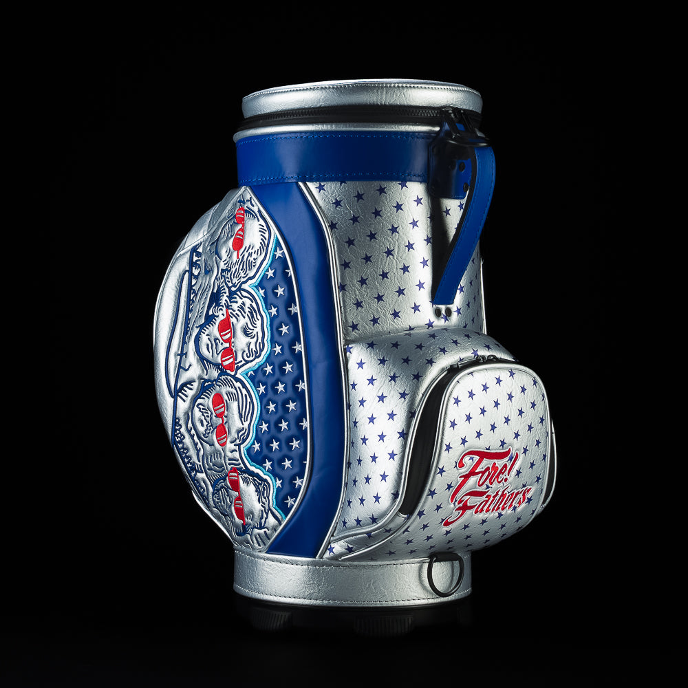 Side profile of the Fore! Fathers Den Caddy Cooler featuring oversized Founding Father illustrations, patriotic detailing, and premium embroidered finishes.