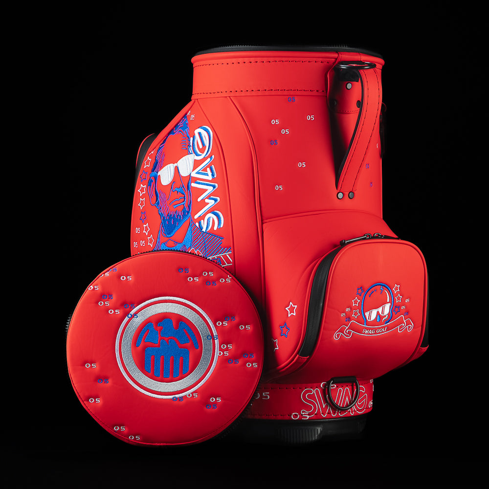 Front angled view of the RWB Gigantic Lincoln Den Caddy Cooler featuring Abraham Lincoln artwork, patriotic red, white, and blue graphics, and currency-inspired detailing.