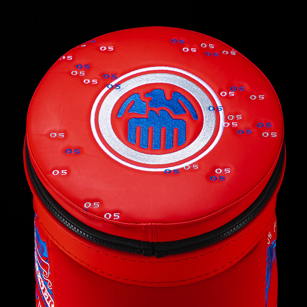 Top view of the RWB Gigantic Lincoln Den Caddy Cooler featuring embroidered emblem and currency artwork on the lid.