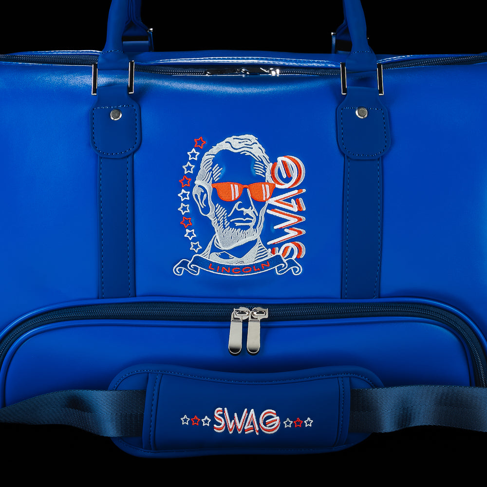 Back view of the RWB Gigantic Lincoln Duffel Bag featuring Abraham Lincoln artwork and patriotic design details.