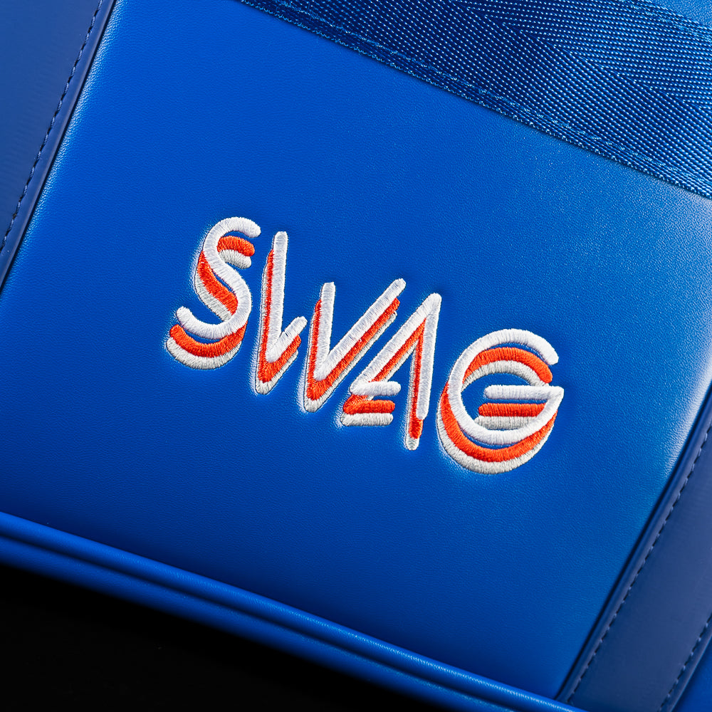 Close-up of the embroidered SWAG logo on the RWB Gigantic Lincoln Duffel Bag featuring detailed stitching and premium craftsmanship.