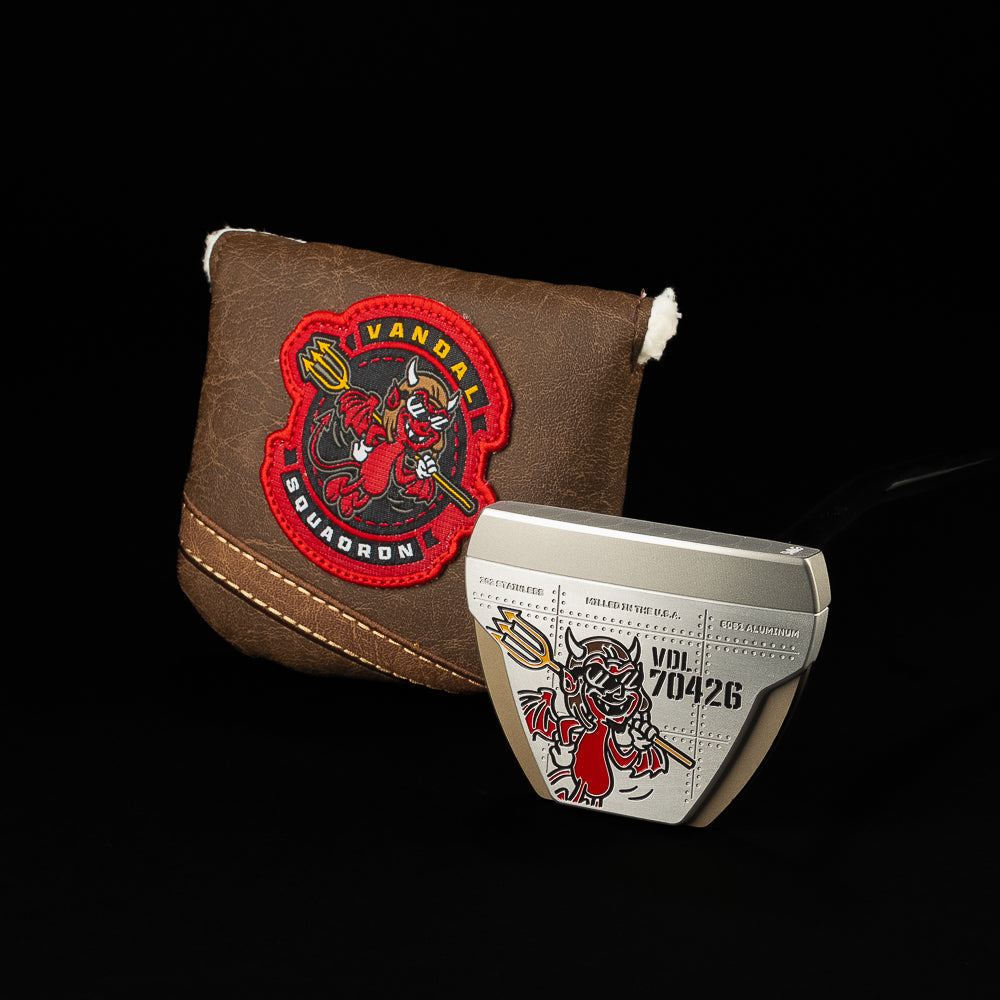 SWAG Golf The Vandal Squadron limted edition high MOI mallet putter with vintage aircraft design and devil character.