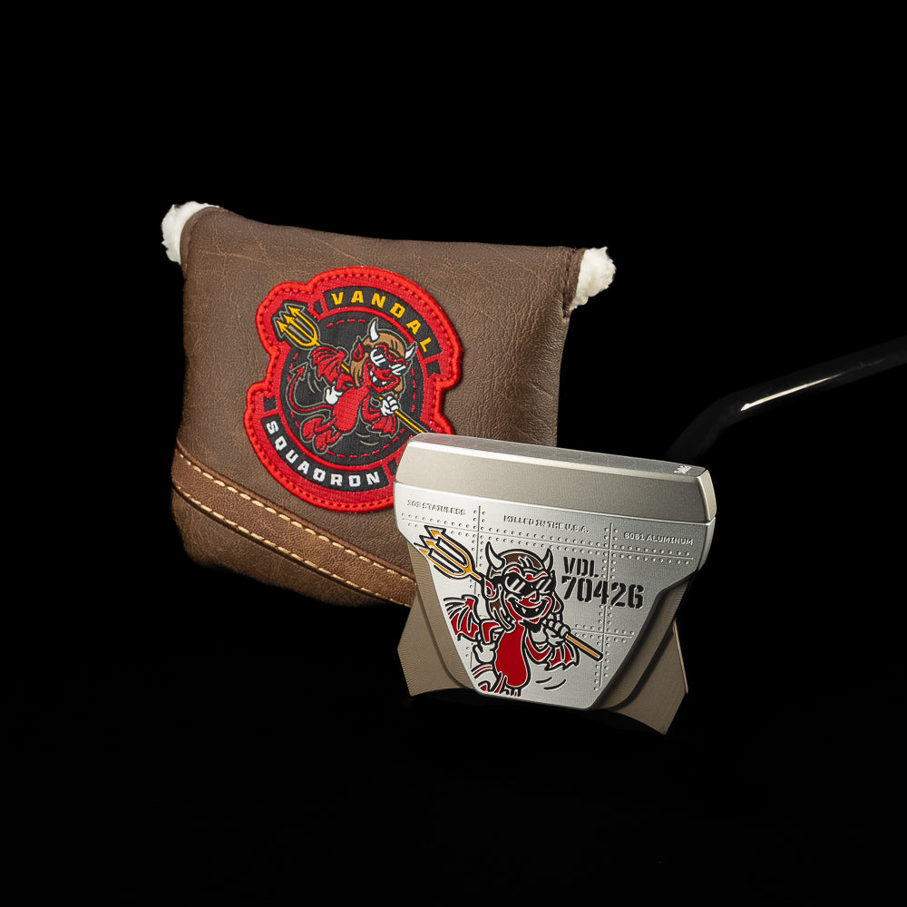 SWAG Golf The Vandal X Squadron limted edition high MOI mallet putter with vintage aircraft design and devil character.