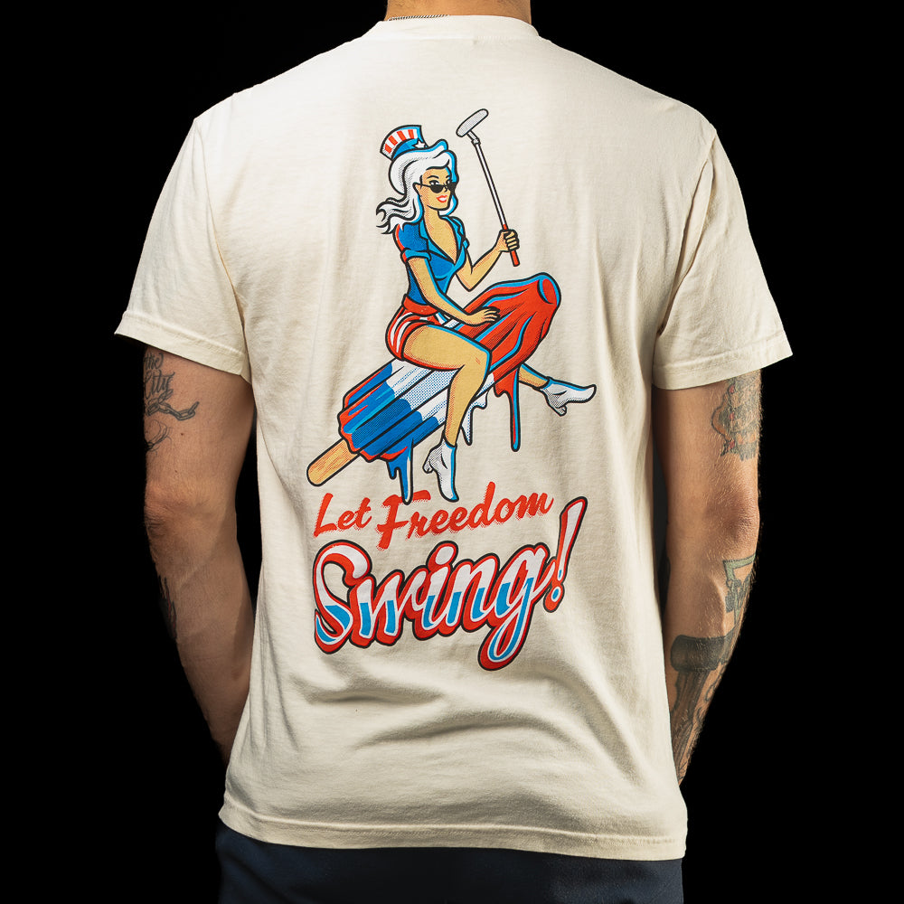 SWAG Golf cream short sleeve graphic t-shirt with Bombshell Pinup graphic.