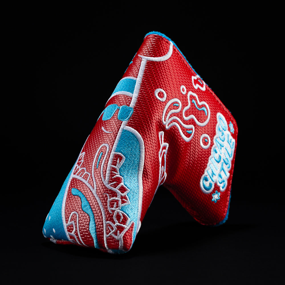 Red Jumbo Hot Dog with blue blade golf club head cover.