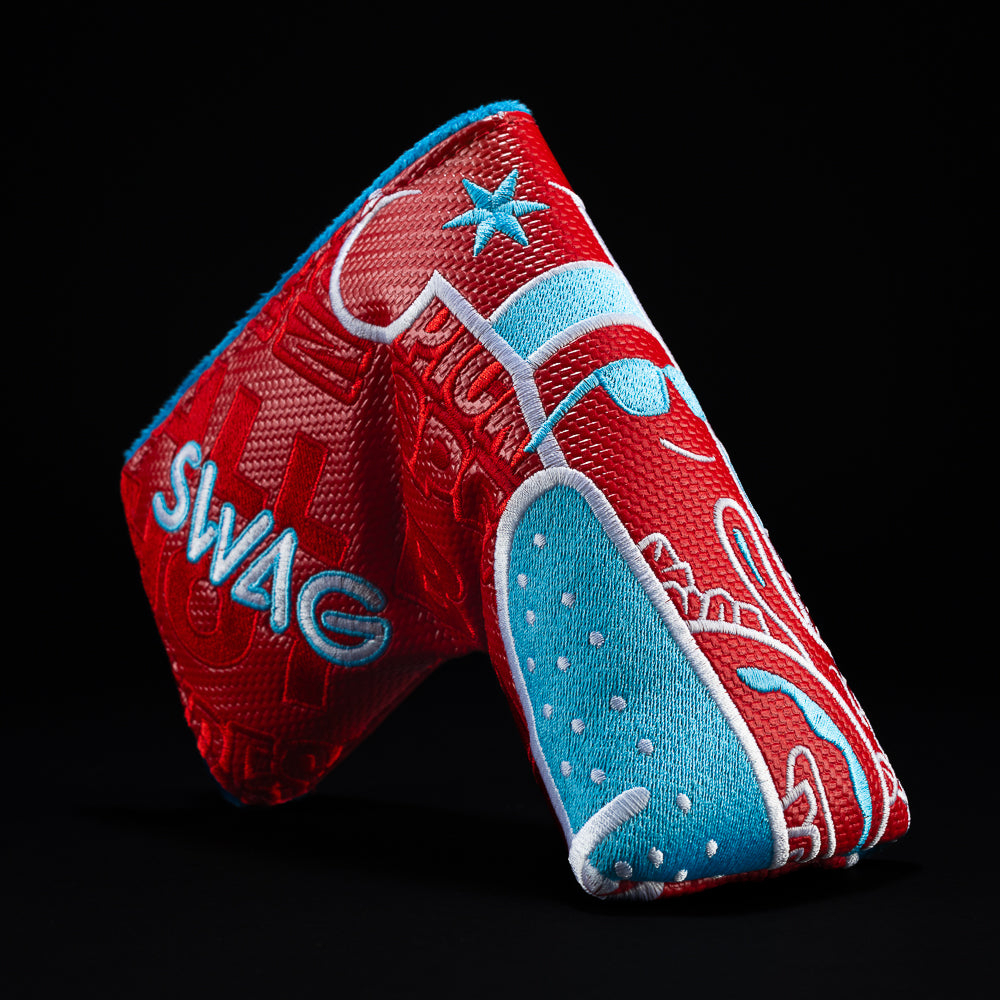 Red Jumbo Hot Dog with blue blade golf club head cover.