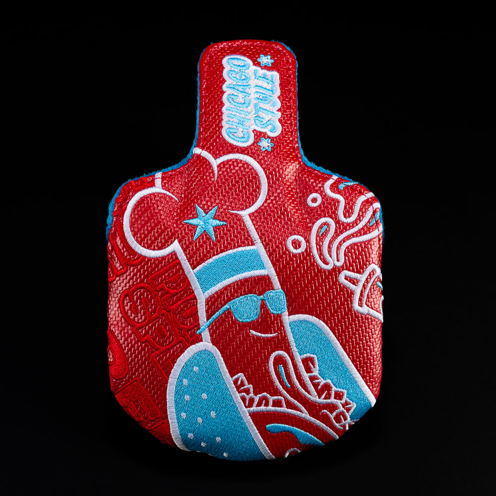 Red Jumbo Hot Dog with blue mid mallet golf club head cover.