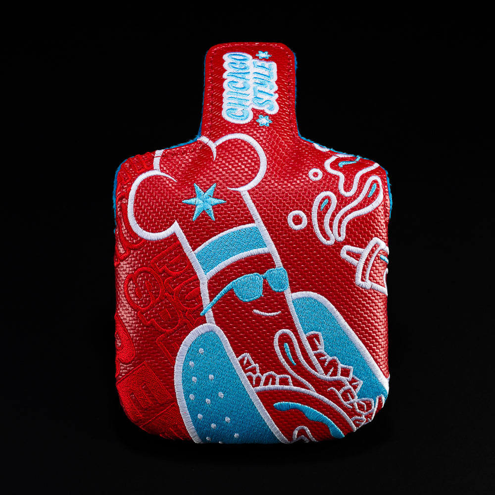 Red Jumbo Hot Dog with blue mallet golf club head cover.