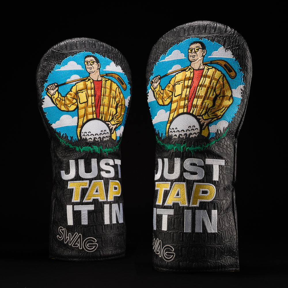 Driver cover with embroidered Happy Gilmore in yellow jacket and Just Tap It In text on black faux croc leather.