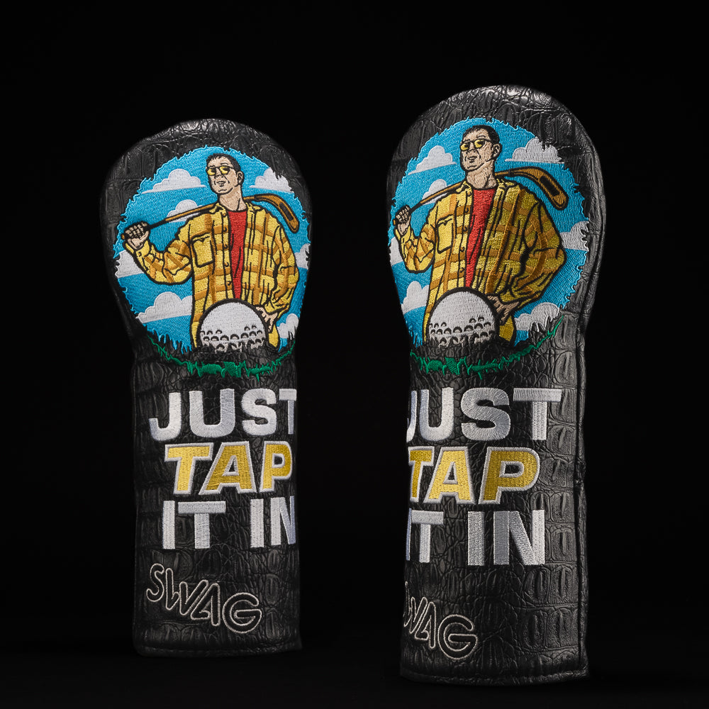 SWAG fairway cover with Happy Gilmore embroidery and Just Tap It In quote on textured black background