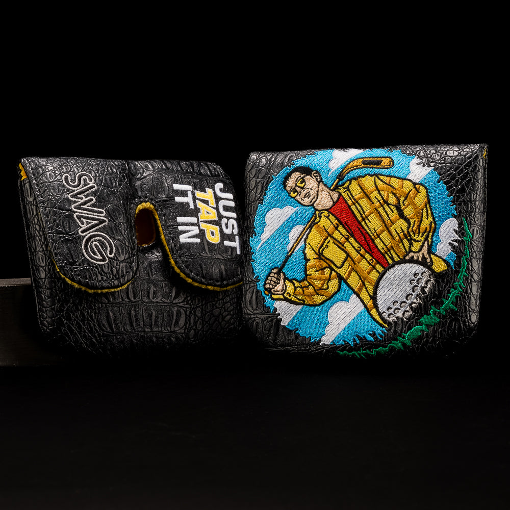 Large center shaft mallet cover with Happy Gilmore artwork and bold Just Tap It In quote on black textured leather