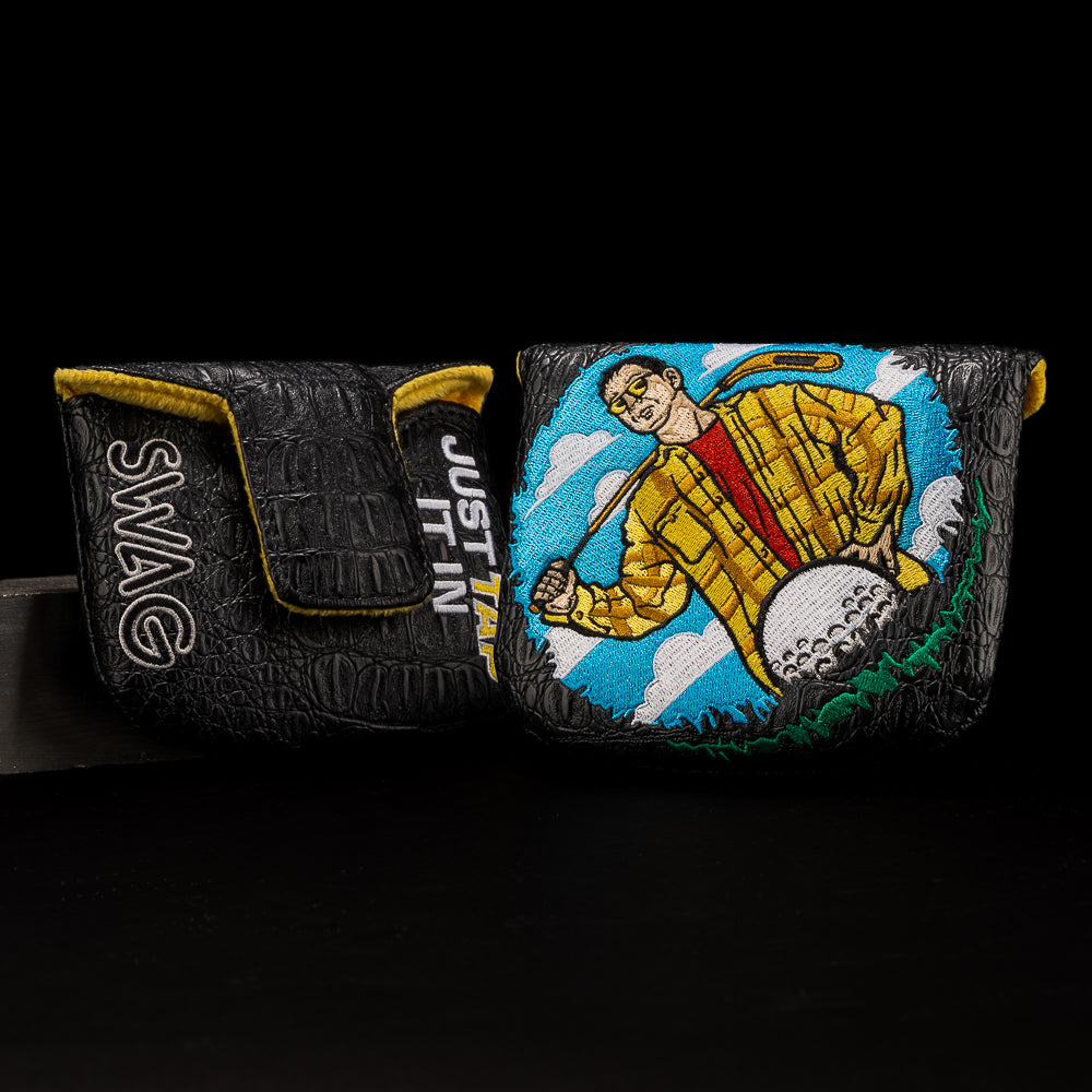 Mallet putter cover featuring Happy Gilmore with Just Tap It In embroidery on black croc-style material