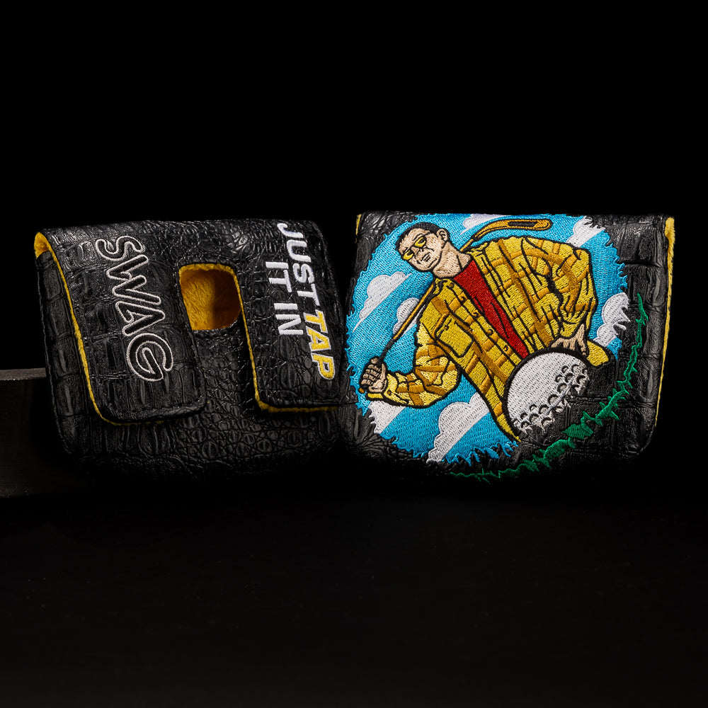 Small center shaft mallet cover with Happy Gilmore embroidery and Just Tap It In stitched quote on black