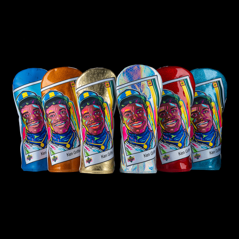 SWAG Golf Griffey Rookie Card Chase driver covers in multiple colors and rarity finishes, featuring Ken Griffey Jr. portrait in trading card style design.