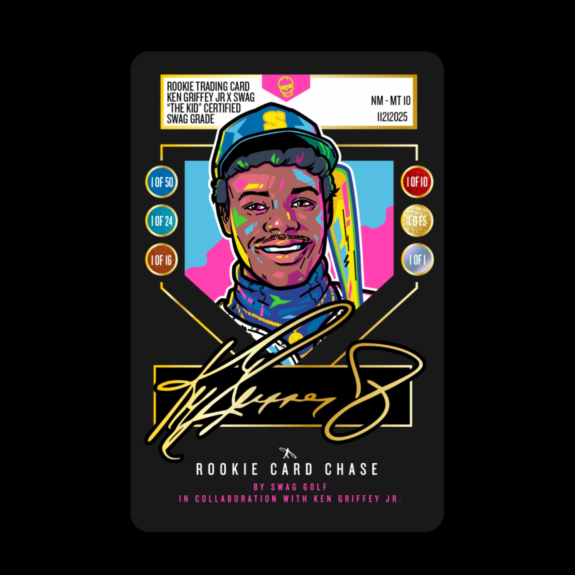 SWAG Golf Griffey Rookie Card Chase driver covers in multiple colors and rarity finishes, featuring Ken Griffey Jr. portrait in trading card style design.