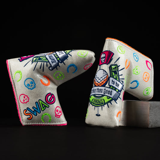Lucky Horseshoe lime green, silver, magenta, orange and blue blade putter head cover made in the USA.