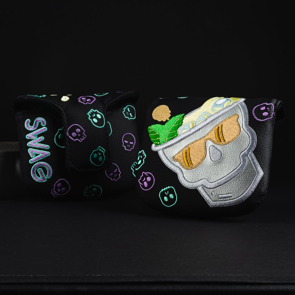 Mint julep skull drink themed black, gray, blue, and purple mallet putter golf club head cover made in the USA.