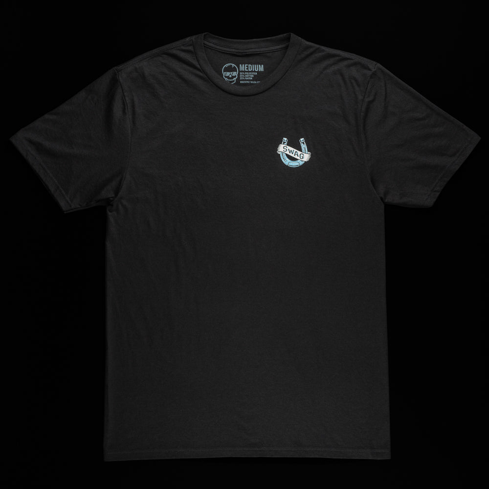 Lucky Horseshoe T-shirt in black with horse in light blue on left chest and horseshoe on the back in light blue with writing.