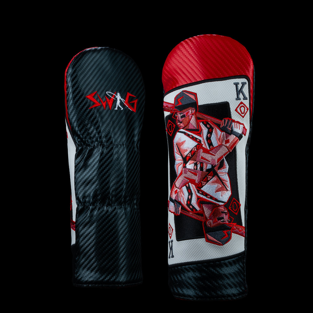 King of the Diamond Cincy fairway cover in red and black card design, Griffey batter stance, and SWAG branding.