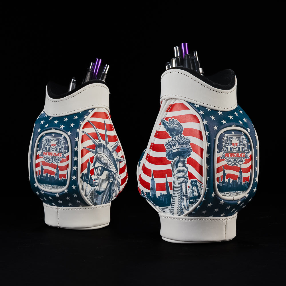 SWAG Golf red, white, and blue statue of liberty themed mini golf bag desk caddy.