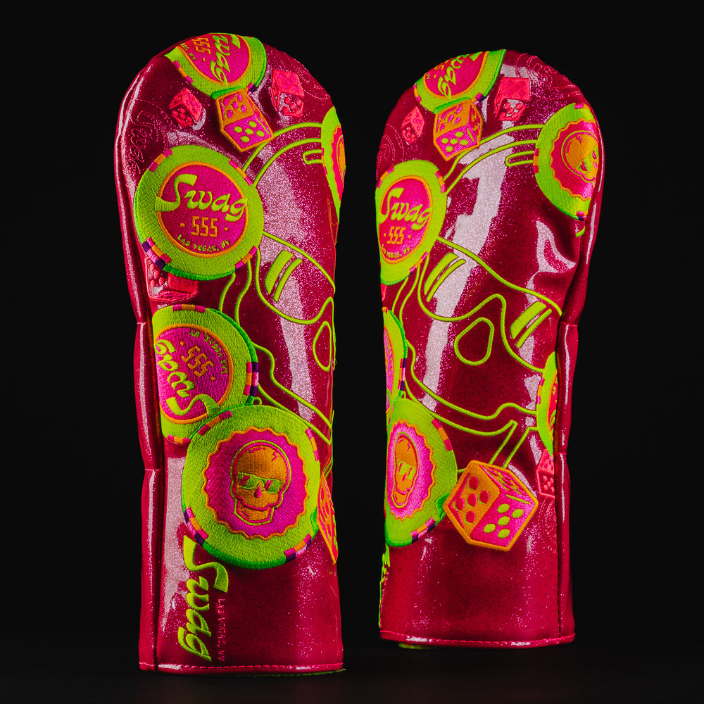Falling poker chip driver special magenta driver golf headcover made in the USA.